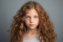 Portrait Of A Beautiful Little Girl With Long Curly Hair. Studio Shot.
