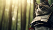 cat wearing samurai holding uniforms with on bamboo forest background. Generative AI
