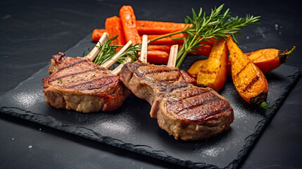 Wall Mural - Rare Lamb Chops with roasted carrots on a chic marble background.