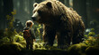 back view, boy and the cute bear walk on the green forest. Generative AI