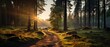 Sunset in forest panoramic view