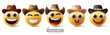 © AmazeinDesign - Emojis cowboy emoticon characters vector set. Emoji emoticon facial expression in happy, cool, smiling, funny, enjoy and naughty sheriff wearing hat character collection. Vector illustration emojis