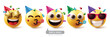 Emojis party birthday emoticon characters vector set. Emoji emoticon birthday clown, mascot, costume, happy, smiling and wearing hat character collection. Vector illustration emojis birthday party 