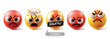 Emoji angry emoticon characters vector set. Emojis emoticons character with mad, explode, cruel, bad mood face, stress and shouting facial expressions in white background. Vector illustration emojis 
