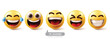 Emoji laughing emoticon characters vector set. Emojis emoticons characters with happy, laugh, fun, enjoy, cheerful and smiling facial expressions yellow graphic elements collection. Vector 