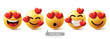 Emoji in love emoticon characters vector set. Emojis emoticons characters with in love, heart, lovely, happy and funny graphic elements collection. Vector illustration emojis in love icon collection.
