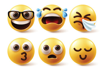 Wall Mural - Emoji emoticon vector set. Emojis emoticon facial expression in happy, crying, sneezing, cold and speech less faces mood for yellow icon collection characters. Vector illustration emoji set collection