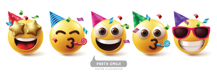 Wall Mural - Emojis party birthday emoticon characters vector set. Emoji emoticon birthday clown, mascot, costume, happy, smiling and wearing hat character collection. Vector illustration emojis birthday party 