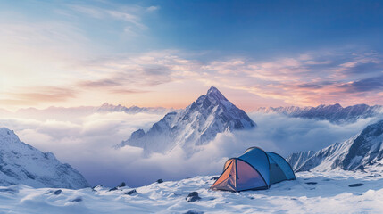 orange tent in the snow with mountains and sunset in the background