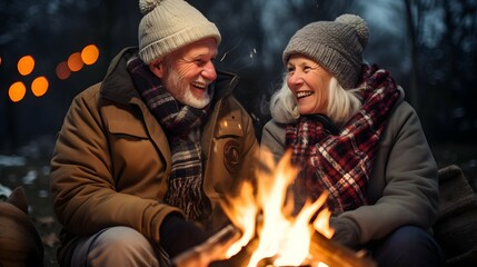 Wall Mural - a elderly couple sitting next to a bonfire