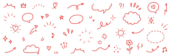 Aufkleber - Cute red line icon sketch element. Hand drawn red line sketch text decoration star sparkle, arrow, heart element set. Simple drawn sun sparkle, flower, emphasis symbol background. Vector illustration
