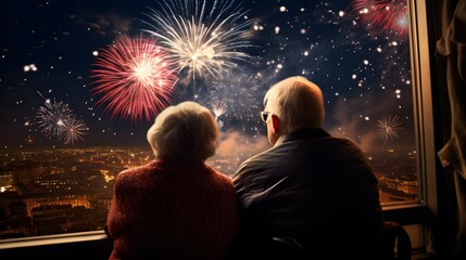 Wall Mural - elderly couple watching a festuve fireworks over the night city