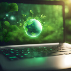 Technology with the concept of nature Laptop keyboard with green globe Efficient technology Digital sustainability Environmentally friendly technology sustainable development goals generated AI