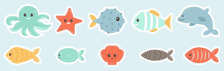 Set with hand drawn sea life stickers. Sea animals. Ocean vibes. Doodle cartoon set of marine life objects. Vector illustration