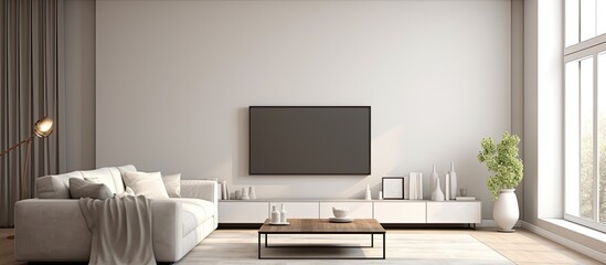 Wall Mural - Modern gray and white living space with large couch and TV With copyspace for text