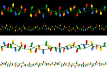 Vector Illustration Of A String Of Tangled Holiday Lights, In Long And Short Strings, Against A White And A Black Background. Strings Can Be Joined End To End To Make Longer, Endless Strings.