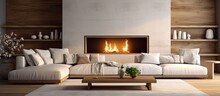 Modern elegant and luxurious interior design creating a warm and bright living room ambiance with a fireplace wood furniture and ample seating space With copyspace for text