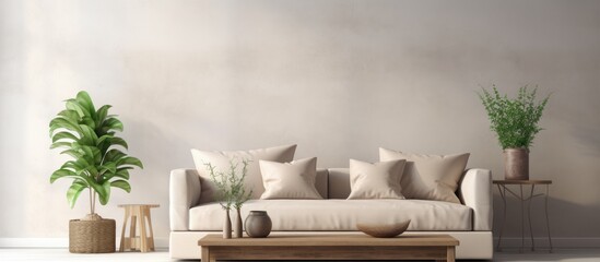 Wall Mural - Modern apartment d cor featuring a sleek living room with a comfortable sofa minimalist furnishings and a simple coffee table by the window With copyspace for text