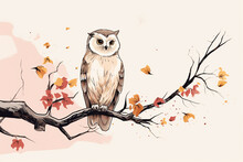 Owl Perched On A Tree In Sketch, In Yellow And Pink Style, Simple Design 3d Rendering AI Generative 