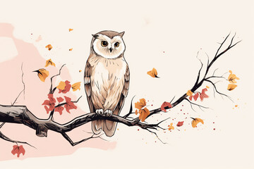 owl perched on a tree in sketch, in yellow and pink style, simple design 3d rendering AI generative 