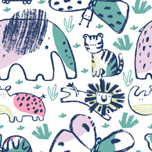 Summer Animals Tropical Seamless Pattern. Hand Drawn African . Beach Vacation Background Design, Savannah Textile Print.