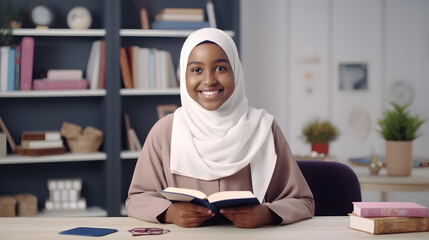 Wall Mural - Portrait of smiling black muslim african girl child wearing hijab holding book in modern classroom