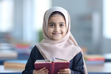 Wall Mural - Portrait of smiling arab muslim girl child wearing hijab holding book in modern classroom