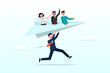 © Art of Ngu - Businessman manager launching paper plane origami with team colleagues, mentor or support employee to success, manager to help or advice staff to reach goal, work coaching or adviser expert (Vector)