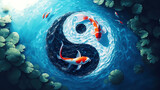  koi fish create a Yin Yang symbol in clear blue pond water, surrounded by green lily pads.