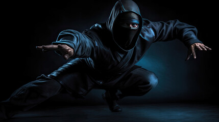 A ninja poses for a landing in the dark background.