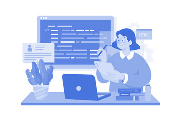 Wall Mural - young female computer programmer coding at laptop