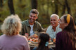 © bernardbodo - Father and grandfather laughing during a family picnic in forest