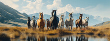 Portrait Picture , Nine Horses Are Drinking By The Stream With A Beautiful Mountain View In The Background, Artistic Painting , Fresh Clear Blue Water, Bright Tones