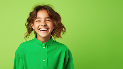 Happy teen girl, who is smiling and laughing, wearing bright green clothes. Bright green solid background similar to the dress color.