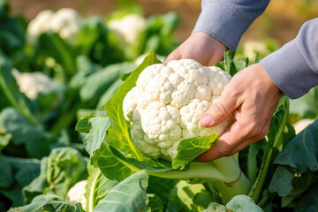 Canvas Print - Close-up of a farmers hands holding ripe cauliflower