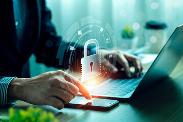 Cyber security concept, Lock icon and internet network security technology. screen padlock and encryption, develop software of data protection reduce the vulnerability in their network, technology