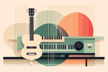 Music Concept. International World Music Day Poster Design Abstract Colorful Illustration. Guitar And Piano Music Instruments Abstract Illustrative Design. Muted Pastel Colors. Generative AI