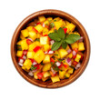 © SuperPixel Inc - Top view of mango salsa dip in a wooden bowl isolated on a white background