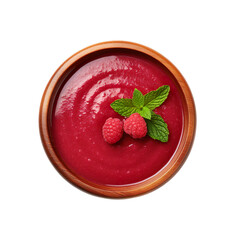 Wall Mural - Top view of raspberry coulis dip in a wooden bowl isolated on a white background