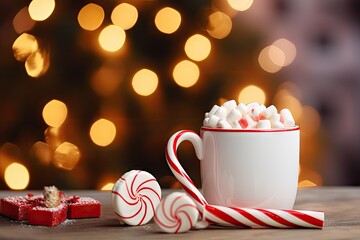 Poster -  a cup of hot chocolate with marshmallows and a candy cane.  generative ai