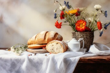 Wall Mural -  a painting of bread and flowers in a basket on a table.  generative ai