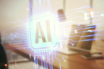 Wall Mural - double exposure of creative artificial intelligence icon with modern laptop on background. neural ne