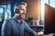 © CYBERUSS - Portrait of a Handsome European Man Customer Service Operator, Call Center Worker Talking Through Headset with Customer in Modern Office.