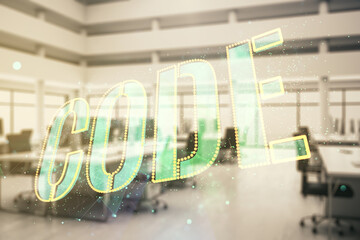 Wall Mural - code word hologram on modern corporate office background, artificial intelligence and neural network