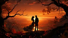 Silhouette Of A Couple Of Newlyweds In Love At Sunset Against The Background Of A River, The Concept Of Wedding And Love