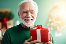 An Elderly Man With White Gray Hair And A Beard In A Green Sweater Holds A Christmas, New Year's Gift In His Hands