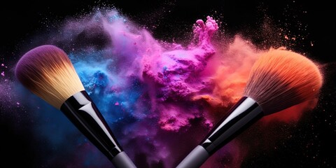 Sticker - makeup brushes on an explosive background, in the style of colorful turbulence, vibrant colorism, sc