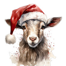 Cute Christmas Goat Wearing Santa Hat Watercolor Png