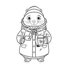 Groundhog Day February 2nd. Cute baby animal beaver. Coloring book Groundhog Day in a top hat and frock coat. Meteorologist