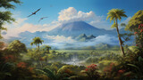 Fototapeta Do pokoju - A painting of a jungle scene with a mountain